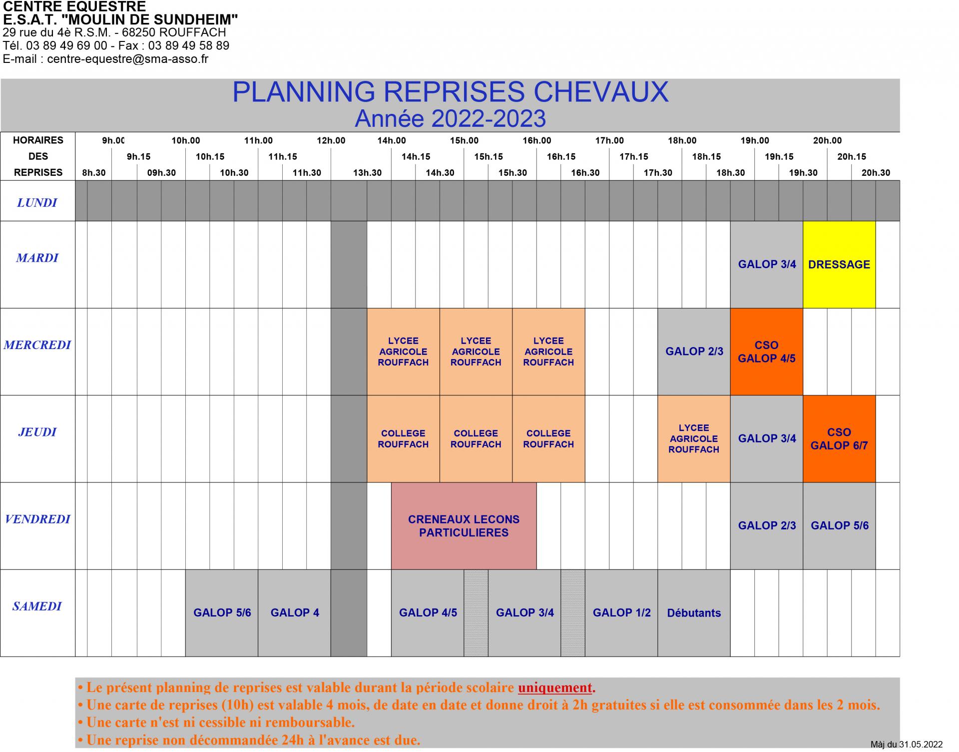 Planning chevaux 2022 2023