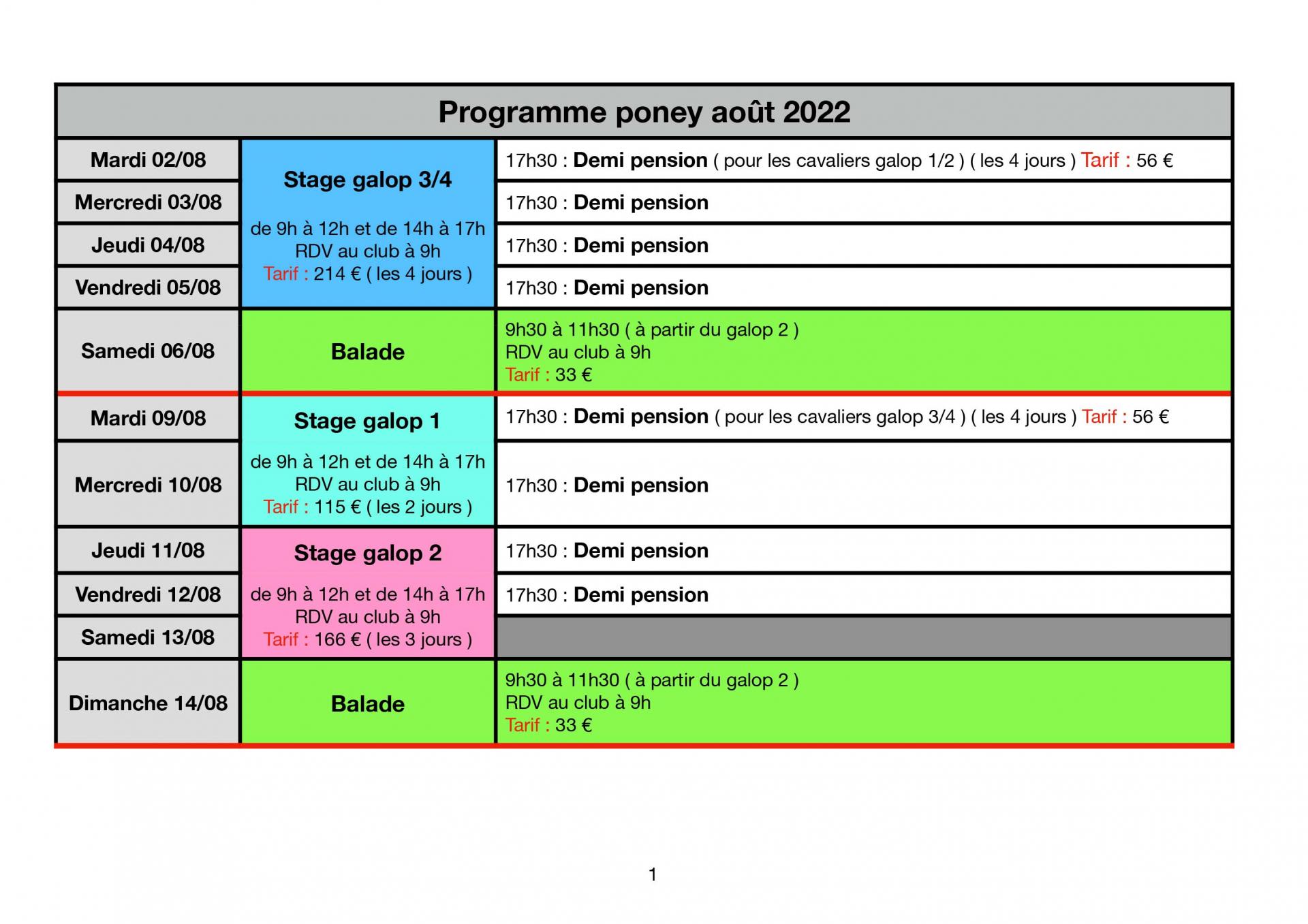 Programme poney aout 2022